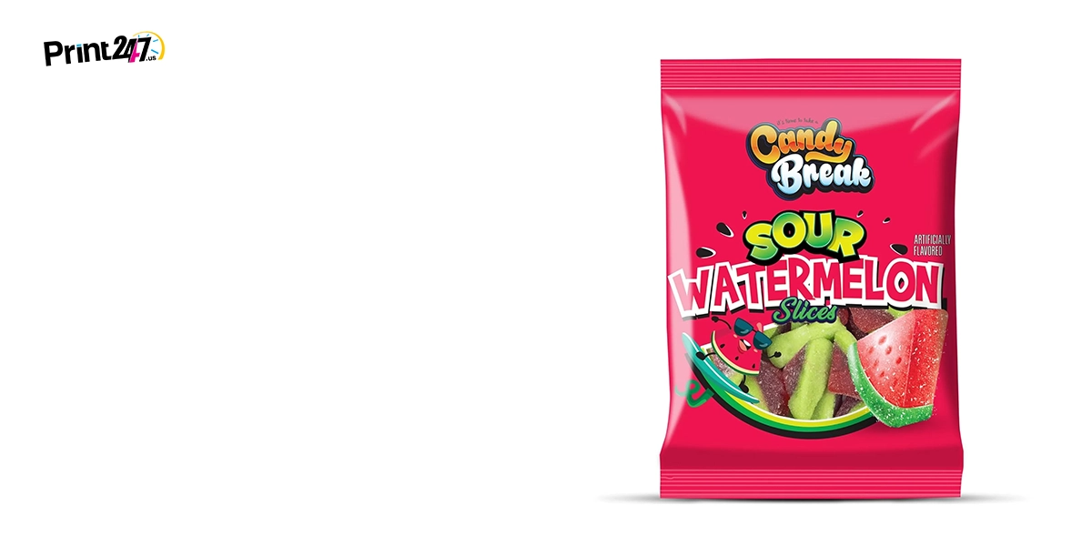 Eco-friendly gummy candy packaging showcasing sustainable materials and bright branding.